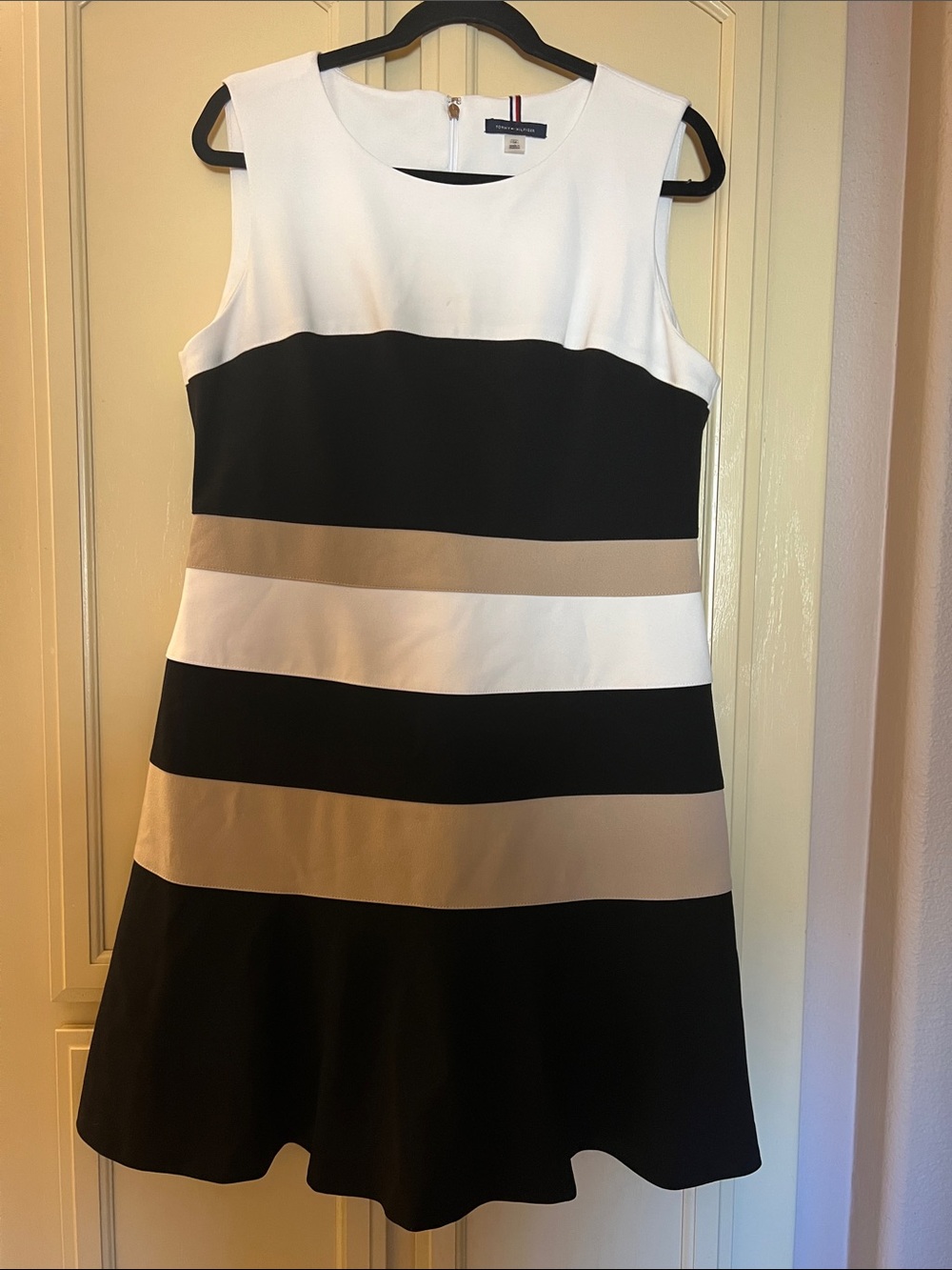 Tommy Hilfiger Black, White & Tan Striped Sleeveless A-Line Dress